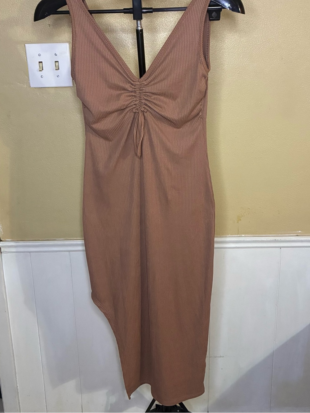 Antistar Asymmetrical Ruched V-Neck Midi Dress in Camel